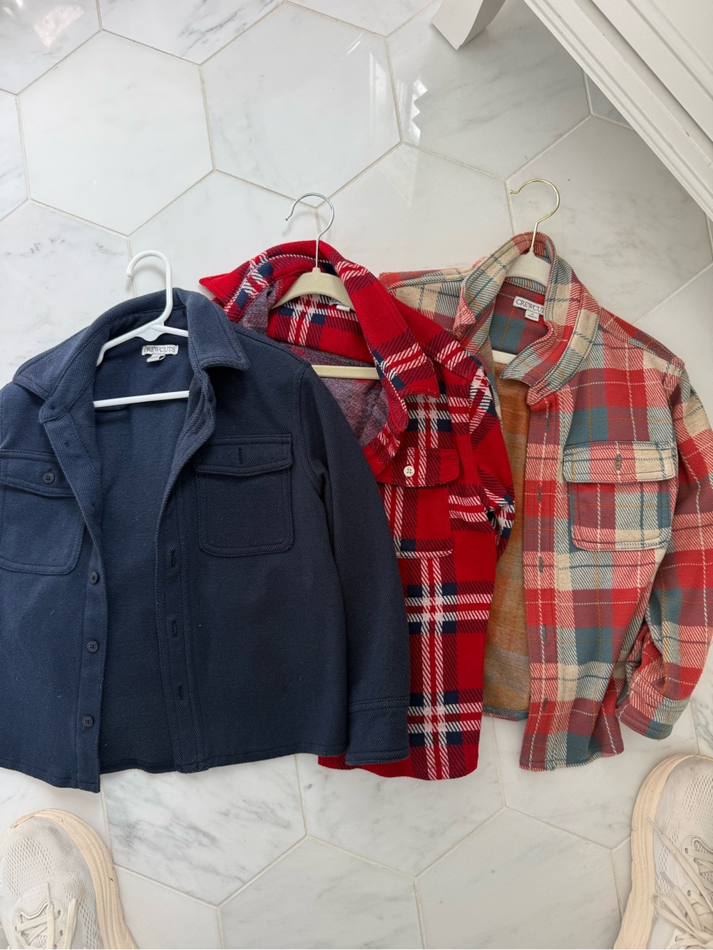 Crewcuts Kids Button-Front Shirt Jacket Trio — Navy, Bright Red & Multi-Plaid